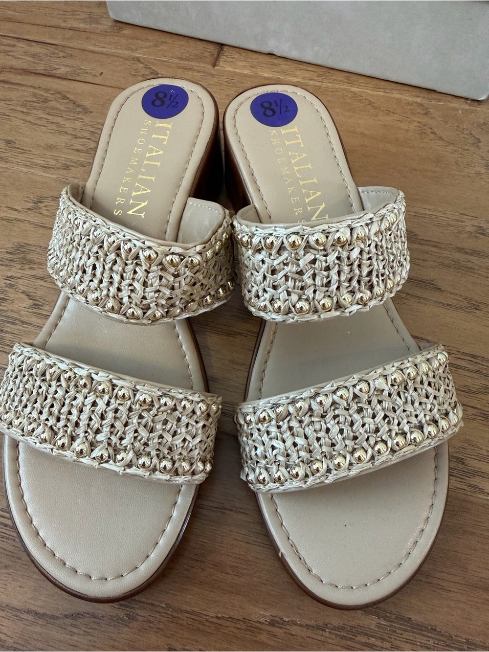 Italian Shoemakers Cream Woven Two‑Band Slide Sandals with Gold Studs